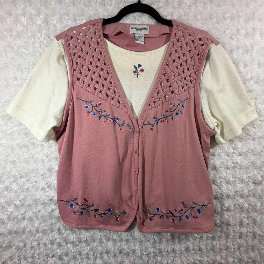 Alfred Dunner Women Petite L Pink Floral Embroidered Layered Grandma-core Top